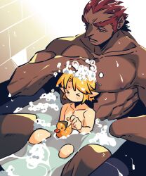 &gt;_&lt; 2boys bara bath bathing bathtub blonde_hair blush brick_wall brown_hair closed_mouth collarbone dark-skinned_male dark_skin foam ganondorf highres in_bathtub indoors large_pectorals link male_focus multiple_boys muscular muscular_male nintendo nipples nude orange_eyes pectorals pointy_ears rani_grb rubber_duck short_hair size_difference the_legend_of_zelda v-shaped_eyebrows washing_hair yaoi