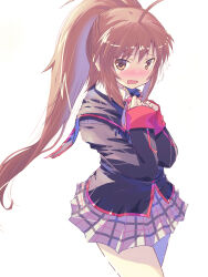 Rule 34 | 1girl, ahoge, akayama yukihe, black jacket, blush, bow, brown eyes, brown hair, commentary, cowboy shot, curvy, embarrassed, eyes visible through hair, floating hair, furrowed brow, grey skirt, hair between eyes, hair ribbon, hands up, highres, jacket, little busters!, long hair, looking at viewer, miniskirt, natsume rin, nose blush, open mouth, own hands together, pink bow, plaid, plaid skirt, pleated skirt, ponytail, ribbon, school uniform, shy, sidelighting, sidelocks, simple background, skirt, sleeves past wrists, solo, standing, tears, very long hair, wavy mouth, white background, white ribbon