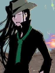 Rule 34 | arc system works, black hair, casual, contemporary, cowboy hat, closed eyes, guilty gear, hat, long hair, lowres, male focus, manly, necktie, oekaki, solo, testament (guilty gear)
