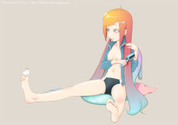 Rule 34 | 1girl, bad id, bad pixiv id, bare legs, barefoot, blue eyes, blue hair, bug, butterfly, comb, feet, female focus, foreshortening, full body, gorou-ya, gradient hair, hair ornament, hairclip, insect, jacket, legs, long hair, matching hair/eyes, mouth hold, multicolored hair, navel, open clothes, open jacket, original, outstretched leg, panties, simple background, sitting, soles, solo, toes, underwear