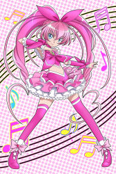 Rule 34 | 10s, 1girl, blue eyes, bow, circle skirt, cure melody, dress, frills, full body, houjou hibiki, legs apart, long hair, magical girl, midriff, musical note, pink background, pink bow, pink hair, pink theme, pink thighhighs, polka dot, polka dot background, precure, shoes, smile, solo, staff (music), suite precure, t2r, thighhighs, twintails, wrist cuffs