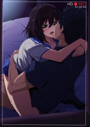 Rule 34 | 1boy, 1girl, arms around neck, arms around waist, black hair, black shirt, black socks, blue sailor collar, blue skirt, blush, breast press, breasts, brown eyes, clothed sex, commentary request, commission, french kiss, hair between eyes, hetero, highres, himeragi yukina, indoors, jewelry, kiss, kneehighs, looking at viewer, netorare, oki kuro, on bed, plaid, plaid skirt, recording, ring, saikai academy school uniform, sailor collar, school uniform, serafuku, shirt, short hair, short sleeves, skeb commission, skirt, socks, straddling, strike the blood, sweat, tongue, tongue out, upright straddle, viewfinder, wedding ring, white shirt
