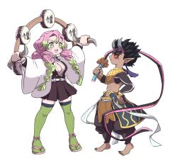 Rule 34 | 1boy, 1girl, :d, abs, armor, barefoot, belt, black hair, black jacket, black nails, black pants, black skirt, braid, breasts, closed mouth, colored sclera, demon boy, demon slayer uniform, detached collar, drum, dual wielding, eye contact, forked eyebrows, frown, full body, gradient hair, green eyes, green hair, green thighhighs, hair ornament, hair over shoulder, holding, holding sword, holding weapon, hoop, horns, instrument, jacket, kanroji mitsuri, kimetsu no yaiba, long hair, long sleeves, looking at another, miniskirt, mole, mole under eye, multicolored hair, nail polish, navel, oni, open mouth, outstretched arms, pants, pink hair, pleated skirt, pointy ears, profile, red sclera, ribbed thighhighs, sash, sharp toenails, shirt, short hair, shrug (clothing), simple background, skirt, skirt set, smile, spiked hair, spread arms, standing, sword, syorororo, tabi, tassel, tassel hair ornament, text in eyes, thighhighs, toenail polish, toenails, toned, toned male, tri braids, tri tails, two-tone hair, unbuttoned, unbuttoned shirt, veins, waraji, weapon, weapon switch, whip sword, white background, white shirt, zettai ryouiki, zohakuten (kimetsu no yaiba)