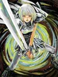 Rule 34 | armor, clare (claymore), claymore (series), pteruges, slit pupils, sword, tegaki, weapon, white hair