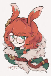 Rule 34 | 1girl, :3, animal ears, artist name, aurora (league of legends), braid, closed mouth, cropped shoulders, dated, glasses, green scarf, highres, league of legends, orange hair, petagumiii, rabbit ears, rabbit girl, round eyewear, scarf, smile, solo