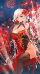 Rule 34 | 1girl, architecture, azur lane, bare shoulders, black thighhighs, breasts, cleavage, closed mouth, commentary request, detached collar, dress, east asian architecture, elbow gloves, fireworks, flower, gloves, hair flower, hair ornament, highres, illustrious (azur lane), large breasts, long hair, mole, mole under eye, night, night sky, purple eyes, red dress, signature, sitting, sky, smile, swd3e2, thighhighs, very long hair, white hair
