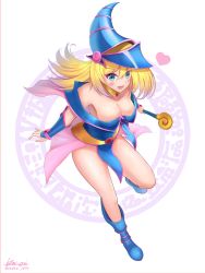 Rule 34 | 1girl, absurdres, artist name, bare shoulders, blonde hair, blush stickers, boots, breasts, cape, capelet, cleavage, collar, commentary, dark magician girl, dress, duel monster, full body, green eyes, hat, highres, holding, ken-pai (kenpai arts), knee boots, large breasts, leg up, long hair, looking at viewer, open mouth, pelvic curtain, pink cape, shiny skin, short dress, signature, simple background, smile, solo, thighs, wand, wizard hat, yu-gi-oh!, yu-gi-oh! duel monsters