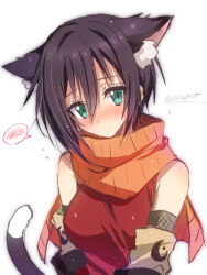 1girl akatsuki_(ggsy7885) alternate_species animal_ear_fluff animal_ears bare_shoulders black_hair blush breasts brown_sleeves cat_ears cat_girl cat_tail closed_mouth commentary_request detached_sleeves flying_sweatdrops green_eyes hair_between_eyes highres kemonomimi_mode looking_at_viewer medium_breasts medium_hair orange_scarf red_shirt scarf shirt simple_background sleeveless sleeveless_shirt smile solo souka_(tensei_shitara_slime_datta_ken) speech_bubble spoken_blush tail tensei_shitara_slime_datta_ken twitter_username upper_body white_background