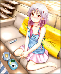 Rule 34 | 10s, 1girl, barefoot, blush, breasts, casual, cleavage, couch, feet, guilty crown, highres, looking at viewer, miyabi (miyabi), pink hair, red eyes, sitting, small breasts, solo, strap slip, twintails, v arms, wariza, yuzuriha inori