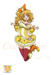 Rule 34 | 00s, 1girl, anniversary, arudebido, bare shoulders, boots, bow, brown eyes, brown hair, character name, choker, copyright name, cure pine, dress, fresh precure!, full body, hair bow, jumping, knee boots, magical girl, aged up, precure, red thighhighs, short hair, skirt, smile, solo, strapless, strapless dress, thighhighs, thighhighs under boots, white background, wrist cuffs, yamabuki inori, yellow skirt