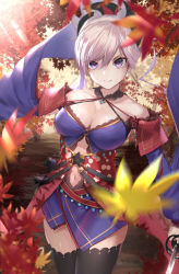 Rule 34 | 1girl, autumn, autumn leaves, bare shoulders, breasts, cleavage, closed mouth, collarbone, commentary request, falling leaves, fate/grand order, fate (series), hair between eyes, hair ornament, highres, holding, holding sword, holding weapon, japanese clothes, katana, large breasts, leaf, looking at viewer, miyamoto musashi (fate), miyamoto musashi (third ascension) (fate), navel, ponytail, purple eyes, sheath, short hair, silver hair, solo, sword, weapon, yu-hi