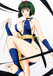Rule 34 | 1girl, ass, bare legs, bare shoulders, black hair, bob cut, breasts, choker, cleavage, comb, curvy, dress, eyeshadow, green hair, hairband, inuyasha, large breasts, lips, lipstick, looking down, looking to the side, makeup, mitora5, no bra, no panties, open mouth, red eyes, revealing clothes, sakasagami no yura, shiny clothes, shiny skin, short dress, short hair, simple background, solo, toeless legwear, toes, weapon, wide hips