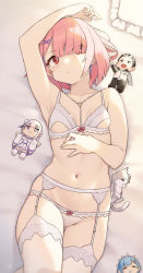 Rule 34 | 1girl, absurdres, arm up, armpits, blurry, bra, breasts, bright pupils, character doll, cloba, depth of field, emilia (re:zero), eyes visible through hair, garter belt, hair ornament, hair over one eye, heart o-ring, heart ring top, highres, lingerie, looking at viewer, lying, natsuki subaru, navel, on back, panties, pink hair, puck (re:zero), ram (re:zero), re:zero kara hajimeru isekai seikatsu, red eyes, rem (re:zero), short hair, small breasts, solo, stomach, thighhighs, underwear, underwear only, white bra, white garter belt, white panties, white pupils, white thighhighs, x hair ornament
