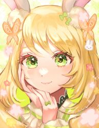 Rule 34 | 1girl, animal ears, blonde hair, bow, butterfly hair ornament, celine (fire emblem), closed mouth, eyelashes, finger bow, fire emblem, fire emblem engage, flower, green bow, green eyes, hair flower, hair ornament, hand on own face, highres, long hair, looking at viewer, nintendo, rabbit ears, smile, solo, twitter username, upper body, youhei choregi