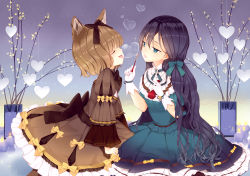 Rule 34 | 2girls, bad id, bad pixiv id, black hair, blue eyes, bow, brown dress, brown hair, bubble, blowing bubbles, candle, dress, closed eyes, gem, gloves, green dress, hair bow, heart, highres, lace, licking, lolita fashion, long hair, looking at another, multiple girls, original, parted lips, plant, potted plant, ribbon, rozer, short hair, sitting, tongue, tongue out, white gloves