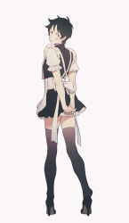 Rule 34 | 1boy, absurdres, apron, arms behind back, back, black dress, black eyes, black footwear, black hair, black thighhighs, blush, crossdressing, dress, facial scar, frilled apron, frills, full body, grey background, heel pop, highres, legs, looking back, maid, maid apron, male focus, male maid, moko (gloriaaaaaa), monkey d. luffy, one piece, own hands clasped, own hands together, pout, puffy sleeves, scar, scar on cheek, scar on face, short hair, simple background, solo, thighhighs, white apron