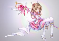 Rule 34 | 1girl, absurdres, adcd, boots, bow, bowtie, brown hair, detached sleeves, gem, gloves, hair ornament, hair wings, head wings, high heel boots, high heels, highres, huge filesize, knights chronicle, leona (knights chronicle), ribbon, simple background, solo, staff, thighhighs, white thighhighs, wings, yellow eyes
