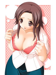 Rule 34 | bra, breasts, brown eyes, brown hair, cleavage, forehead, huge breasts, kawada tomoko, keito, kimi kiss, large breasts, lingerie, open clothes, open shirt, shirt, solo, underwear