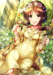 Rule 34 | 1girl, :d, blush, bracelet, breasts, brown eyes, brown hair, covered navel, dress, dutch angle, floating hair, flower, forest, head tilt, head wreath, highres, idolmaster, idolmaster cinderella girls, jewelry, long dress, long hair, looking at viewer, ment, nature, necklace, open mouth, outdoors, pink flower, pink rose, rose, sitting, small breasts, smile, solo, sundress, sunlight, takamori aiko, twintails, white flower, white rose, yellow dress, yellow flower, yellow rose