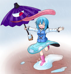 Rule 34 | 1girl, blue eyes, blue hair, blush, boots, closed eyes, female focus, ichimi, long tongue, matching hair/eyes, open mouth, outdoors, outstretched arms, puddle, rain, rubber boots, sky, smile, solo, tatara kogasa, tongue, tongue out, touhou, umbrella