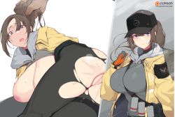 Rule 34 | 1boy, 1girl, absurdres, ass, between breasts, black headwear, blue eyes, breasts, breasts out, brown hair, censored, clenched hand, closed mouth, dier (girls&#039; frontline), genderswap, genderswap (mtf), girls&#039; frontline, gloves, grey gloves, head out of frame, hetero, high ponytail, highres, hood, hoodie, implied sex, jacket, large breasts, mosaic censoring, nipples, open clothes, open jacket, open mouth, pantyhose, pussy, pussy juice, sex, sidelocks, sweat, thigh strap, torn clothes, torn legwear, vaginal, yanje, yellow jacket