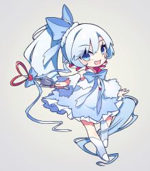 Rule 34 | 1girl, bare shoulders, boots, bow, chibi, detached sleeves, dress, high heel boots, high heels, long hair, magical girl, maguro (guromaguro), ribbon, rwby, scar, scar across eye, scar on face, side ponytail, solo, wand, wedge heels, weiss schnee, white dress, white footwear, white hair