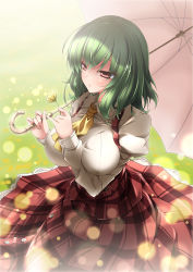 Rule 34 | 1girl, ascot, bad id, bad pixiv id, between breasts, breasts, flower, green hair, highres, kazami yuuka, large breasts, midoriiro no shinzou, open clothes, open vest, parasol, pink eyes, shirt, skirt, solo, sparkle, touhou, umbrella, vest