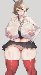 1girl bare_shoulders bikkii blush breasts brown_hair cameltoe cleft_of_venus closed_mouth collarbone curvy elbow_gloves eyebrows eyebrows_hidden_by_hair female_focus gloves grey_background grey_eyes hand_on_own_chest hand_on_own_hip heavy_breathing huge_breasts kantai_collection large_areolae large_nipples microskirt midriff miniskirt mutsu_(kancolle) navel no_bra panties plump red_thighhighs see-through see-through_shirt shiny_clothes shirt short_hair simple_background skin_tight skindentation skirt smile solo standing steam sweat taut_clothes taut_shirt thick_thighs thigh_gap thighhighs thighs thong underwear wet wet_clothes white_gloves white_panties wide_hips
