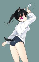 Rule 34 | 1girl, animal ears, arm up, ass, black hair, eyepatch, unworn eyepatch, highres, long hair, looking back, pink eyes, ponytail, sakamoto mio, school swimsuit, slit pupils, solo, strike witches, swimsuit, swimsuit under clothes, tail, urepito honke, world witches series