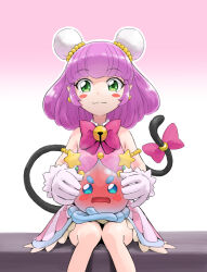 Rule 34 | 1girl, bell, blush, blush stickers, bow, bowtie, cat tail, closed mouth, collared dress, double bun, dress, earrings, full-face blush, gloves, green eyes, hair bun, highres, itou shin&#039;ichi, jewelry, looking at viewer, mao (precure), neck bell, on lap, pink dress, pointy ears, precure, prunce (precure), purple bow, purple bowtie, purple hair, short dress, short hair, sitting, sleeveless, sleeveless dress, smile, solo, star (symbol), star twinkle precure, tail, tail bow, tail ornament, white gloves, yuni (precure)