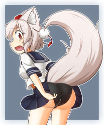 Rule 34 | 1girl, animal ears, ass, blush, breasts, elu butyo, embarrassed, hat, inubashiri momiji, large breasts, looking at viewer, looking back, one-piece swimsuit, open mouth, red eyes, school uniform, serafuku, short hair, silver hair, skirt, solo, swimsuit, swimsuit under clothes, tail, tokin hat, touhou, wolf ears, wolf tail