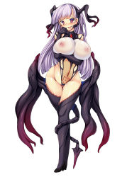 Rule 34 | 1girl, absurdres, bare shoulders, biosuit, blush, breasts, covered erect nipples, curvy, demon girl, demon wings, earrings, heart, heart-shaped pupils, heart tattoo, highres, huge breasts, jewelry, long hair, looking at viewer, low wings, nipples, original, pink eyes, pubic tattoo, purple hair, see-through, simple background, smile, solo, sweat, symbol-shaped pupils, tattoo, thighs, torisan, white background, wide hips, wings