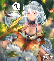 Rule 34 | 1girl, ?, animal ears, breasts, cat ears, cat tail, cat teaser, cleavage, closed mouth, commentary, english commentary, grey hair, highres, ladica (shadowverse), long sleeves, looking at viewer, medium breasts, ponytail, red eyes, runemill, shadowverse, sitting, solo, spoken question mark, tail