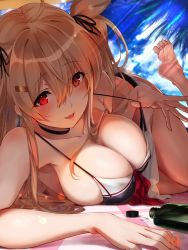 Rule 34 | 1girl, ahoge, beach towel, blush, bottle, breasts, cleavage, cloud, day, eyelashes, feet, hair flaps, hair ribbon, heterochromia, kantai collection, large breasts, light brown hair, lips, long hair, looking at viewer, lying, murasame (kancolle), open mouth, outdoors, parted lips, ribbon, signature, sky, solo, swimsuit, towel, two side up, youmou usagi