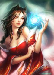 Rule 34 | 1girl, ahri (league of legends), airuko, animal ears, bare shoulders, braid, brown hair, detached sleeves, facial mark, fox ears, fox tail, korean clothes, league of legends, magic, multiple tails, orb, solo, tail, whisker markings, yellow eyes