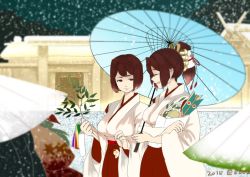 Rule 34 | 10s, 2015, 2girls, alternate costume, architecture, arrow (projectile), blurry, branch, breasts, brown hair, closed eyes, commentary request, dated, day, depth of field, doorway, east asian architecture, hair ribbon, hakama, hakama skirt, hamaya, holding, holding umbrella, hyuuga (kancolle), ise (kancolle), japanese clothes, kantai collection, kousetsu (nonosuke), large breasts, looking at another, miko, multiple girls, open mouth, outdoors, ponytail, ribbon, short hair, sketch, skirt, smile, snowing, umbrella, wide sleeves