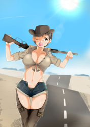 Rule 34 | 10s, 1girl, bad id, bad pixiv id, black panties, blush, breasts, brown eyes, brown hair, blowing bubbles, capoki, chaps, chewing gum, collarbone, cowboy hat, day, desert, freckles, girls und panzer, groin, gun, hat, highres, large breasts, naomi (girls und panzer), navel, panties, rifle, road, short shorts, shorts, sky, solo, underwear, weapon, wink
