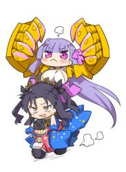 Rule 34 | 2girls, :&lt;, black hair, bull, chibi, earrings, fate/grand order, fate (series), gugalanna, ishtar (fate), ishtar (swimsuit rider) (fate), jewelry, long hair, mechanical arms, motor vehicle, multiple girls, official alternate costume, passionlip (fate), passionlip (third ascension) (fate), purple eyes, purple hair, scooter, single mechanical arm, stroma, tohsaka rin, tsurime, vespa, yellow eyes