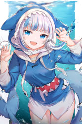 Rule 34 | 1girl, :d, animal hood, blue eyes, blue hair, blue hoodie, blue nails, blunt bangs, fins, fish tail, gawr gura, gawr gura (1st costume), hand up, hands up, highres, hololive, hololive english, hood, hoodie, long sleeves, looking at viewer, luzzi (milllim), multicolored hair, nail polish, open mouth, shark hood, shark tail, sharp teeth, smile, solo, tail, teeth, thighs, two-tone hair, virtual youtuber, white hair