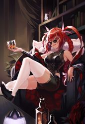 Rule 34 | 1girl, absurdres, bare shoulders, belt, black belt, black coat, black footwear, black shorts, book, bookshelf, bottle, braid, breasts, chair, cleavage, coat, commentary request, cup, drink, drinking glass, fingernails, fur trim, gemi ningen, hair between eyes, hair ribbon, highres, holding, holding cup, indoors, korean commentary, lantern, long fingernails, long hair, looking at viewer, looking over eyewear, looking over glasses, medium breasts, nail polish, off shoulder, official art, open clothes, open coat, open mouth, original, pink ribbon, plant, red eyes, red hair, red nails, ribbon, shoes, shorts, sitting, solo, sunglasses, table, teeth, thighhighs, thighs, tinted eyewear, twin braids, twintails, upper teeth only, white thighhighs, wide sleeves, wine glass