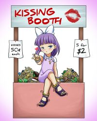 Rule 34 | 1girl, animification, bangle, banknote, blowing kiss, blue eyes, bow, bracelet, carnival, credit card, dress, full body, gold, hair bow, highres, j8d, jewel, jewelry, kiss, kissing booth, lipstick mark, money, necklace, pinafore dress, purple hair, ring, sandals, sleeveless dress, solo, terri, terri mackleberry, the simpsons, toe ring, wallet, watch, wristwatch