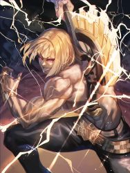 Rule 34 | 1boy, axe, belt, belt buckle, black background, black pants, blonde hair, brown background, buckle, commentary, fate/grand order, fate (series), feet out of frame, gold belt, gradient background, grin, highres, holding, holding axe, holding weapon, lightning, looking at viewer, makitoshi0316, male focus, muscular, muscular male, over shoulder, pants, sakata kintoki (fate), short hair, smile, solo, sunglasses, topless male, watch, weapon, weapon over shoulder, wristwatch