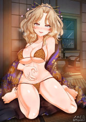 Rule 34 | 1girl, 2022, animal print, barefoot, bikini, blonde hair, blue eyes, blush, breasts, cameltoe, chinese zodiac, cleavage, collarbone, girls und panzer, heart, heart-shaped pupils, highres, indoors, japanese clothes, kay (girls und panzer), kimono, large breasts, long hair, looking at viewer, megadeko, navel, shiny skin, side-tie bikini bottom, sitting, smile, solo, swimsuit, symbol-shaped pupils, tiger print, tongue, tongue out, wariza, year of the tiger