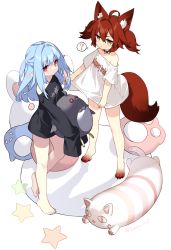 Rule 34 | 2girls, ?, ahoge, animal ear fluff, animal ears, animal feet, barefoot, black shirt, blue hair, brown eyes, brown hair, button eyes, buttons, clothes writing, commentary request, english text, hair between eyes, holding, holding stuffed toy, long hair, long sleeves, multiple girls, off shoulder, original, pointy ears, red eyes, saru, shirt, short sleeves, sleeves past fingers, sleeves past wrists, spoken question mark, standing, standing on one leg, star (symbol), stuffed animal, stuffed bird, stuffed cat, stuffed toy, tail, twintails, twitter username, two side up, v-shaped eyebrows, white shirt