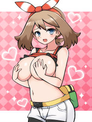 Rule 34 | 10s, 1girl, alternate color, bike shorts, blue eyes, blush, breasts, brown hair, chro (rulurullu), clothes lift, covering breasts, covering nipples, covering privates, creatures (company), fanny pack, game freak, hair ribbon, heart, highres, huge breasts, large breasts, looking at viewer, may (pokemon), may (pokemon oras), nintendo, open mouth, pokemon, pokemon oras, ribbon, shiny skin, shirt, shirt lift, short shorts, shorts, sleeveless, sleeveless shirt, solo, sparkle, two side up