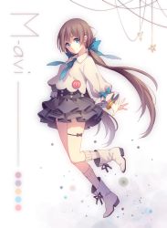 Rule 34 | 1girl, ankle boots, blue necktie, boots, bow, brown hair, highres, long hair, looking at viewer, necktie, original, ponytail, puffy sleeves, shirt, simple background, skirt, socks, solo, thigh strap, tidsean, white socks