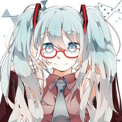 Rule 34 | 1girl, bare shoulders, bespectacled, blue eyes, blue hair, blue necktie, breasts, closed mouth, collared shirt, cropped torso, detached sleeves, dress shirt, finger to eyewear, glasses, gradient hair, grey shirt, hair between eyes, hatsune miku, highres, light blue hair, long hair, looking at viewer, medium breasts, multicolored hair, necktie, red-framed eyewear, shirt, simple background, sleeveless, sleeveless shirt, smile, solo, twintails, ukikuchannme, vocaloid, white background