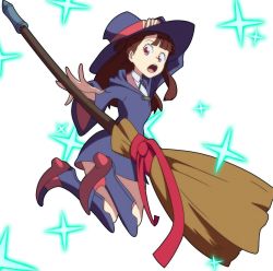 Rule 34 | 1girl, boots, broom, brown eyes, brown hair, full body, hat, kagari atsuko, little witch academia, looking back, open mouth, parody, showers-u, sparkle, white background, witch hat
