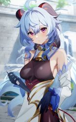 Rule 34 | 1girl, ahoge, bare shoulders, bell, black bodysuit, black bow, blue gloves, blue hair, bodysuit, bodysuit under clothes, book, bow, breasts, castle, closed mouth, detached sleeves, ganyu (genshin impact), genshin impact, gloves, goat horns, hair between eyes, hair bow, hand up, highres, holding, holding book, horns, long hair, long sleeves, looking at viewer, medium breasts, neck bell, outdoors, pink eyes, ponytail, shadow, sidelocks, solo, standing, wall, wide sleeves, zakkuri