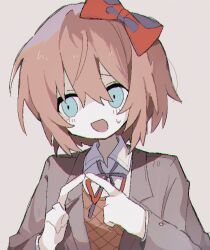 Rule 34 | 1girl, absurdres, blush, bow, brown hair, collared shirt, doki doki literature club, gil (gil 261), grey background, hair between eyes, hair bow, highres, index fingers together, jacket, long sleeves, looking at viewer, neck ribbon, open mouth, ribbon, sayori (doki doki literature club), shirt, short hair, simple background, solo, white shirt